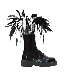 Black Holographic Combat Boots with Feather Detail